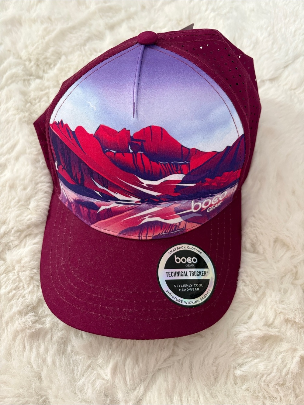 Boco Gear Women’s Technical Trucker Hat - Burgundy with Red Graphic
